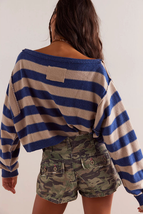 Striped Print Crew Neck Long Sleeve Loose Knitted Sweater