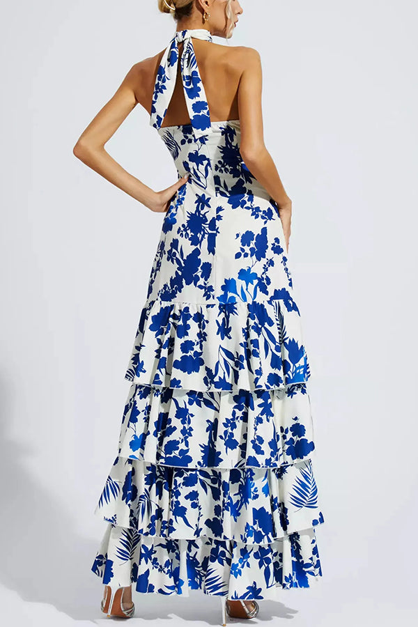 Gorgeous Styling Botanical Print Halter Neck Open Back Tiered Hem Maxi Dress