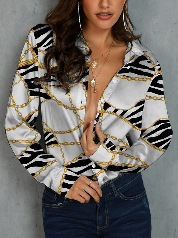 Long Sleeves Loose Buttoned Printed Lapel Blouses&Shirts Tops