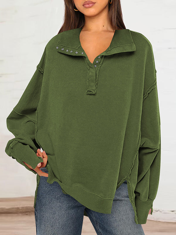 Long Sleeves Loose Buttoned Solid Color Split-Front Lapel Sweatshirt Tops