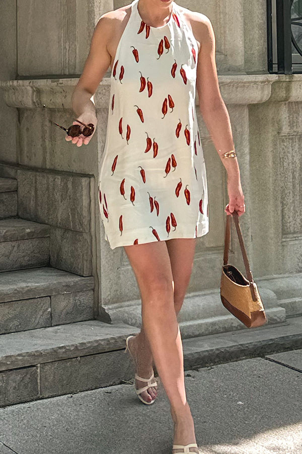 Spicy Summer Chili Pepper Unique Print Soft Fabric Halter Loose Mini Dress