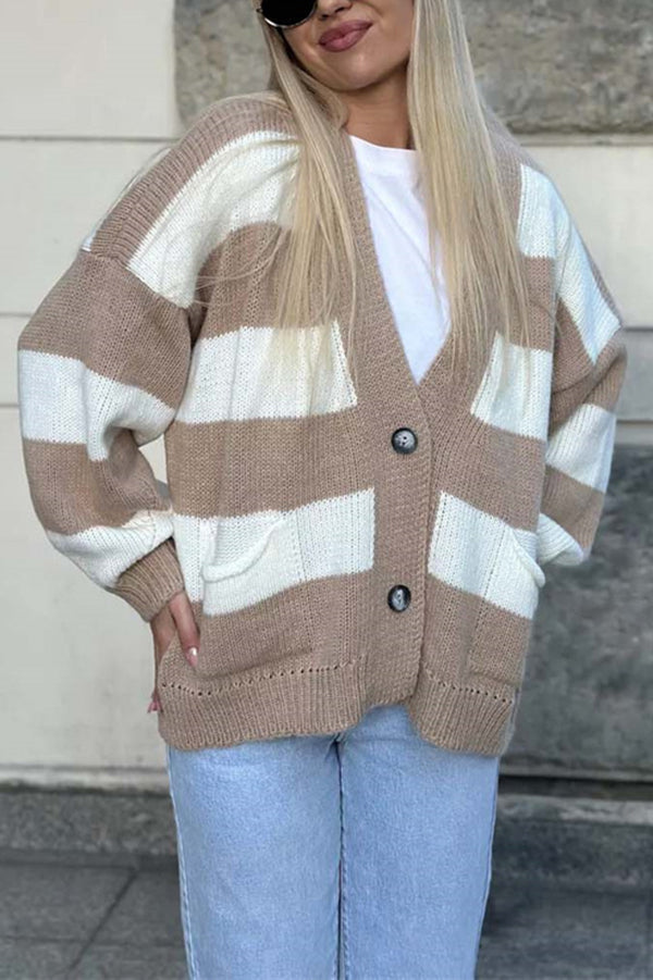 Casual V-neck Long-sleeved Striped Pocket Knitted Cardigan