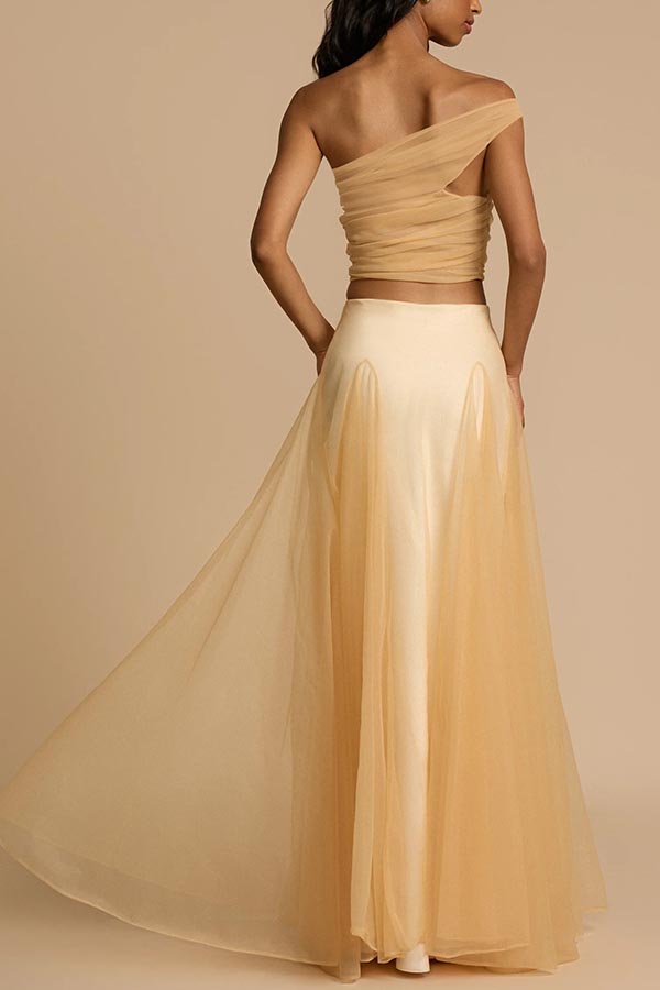 Romance Factor Satin Patchwork Tulle High-waisted Elastic Waist A-line Maxi Skirt