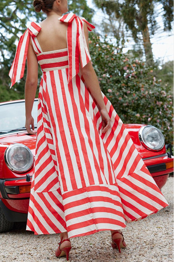 Treasured Times Stripe Print Tie-up Shoulder Pocketed A-line Maxi Dress