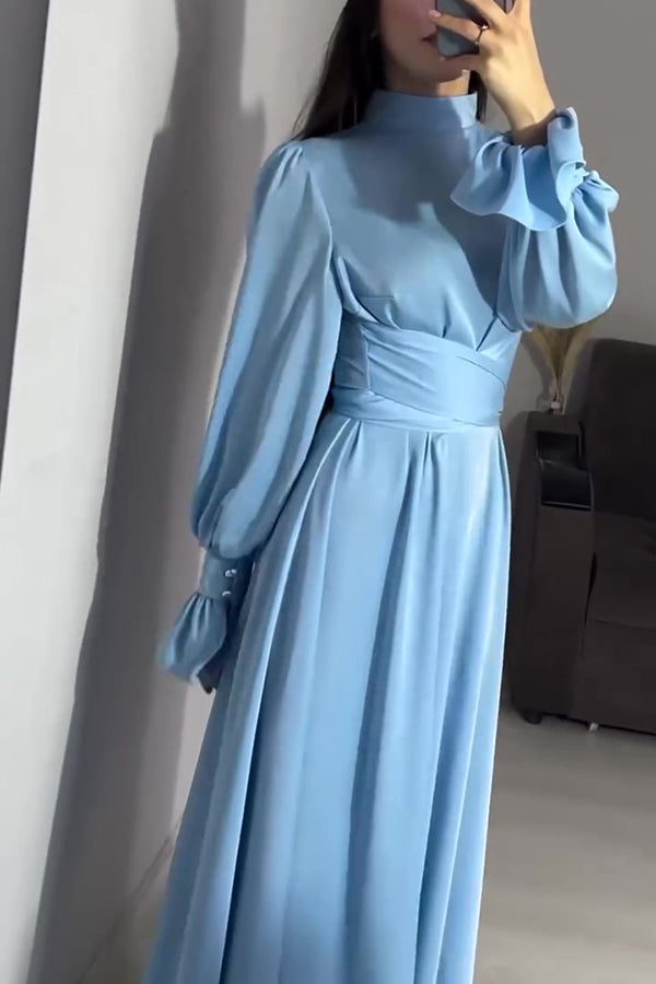 Solid Color Ruffled Sleeves Waisted Tie Slim Fit Maxi Dress