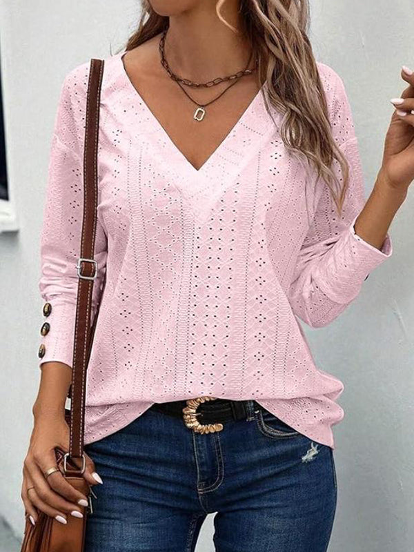 Long Sleeves Loose Buttoned Solid Color V-Neck T-Shirts Tops