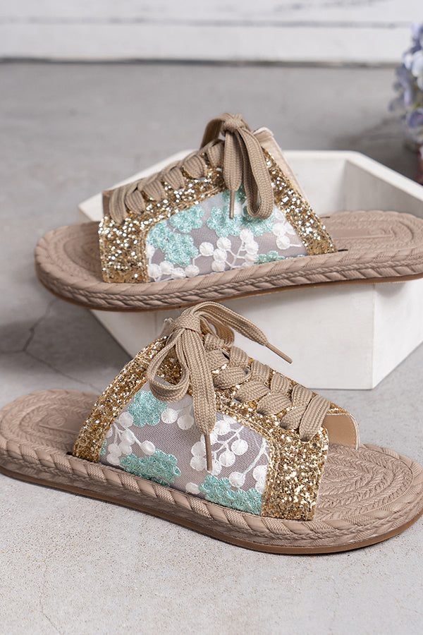 Sequined Mesh Embroidered Casual Strappy Flat Slippers