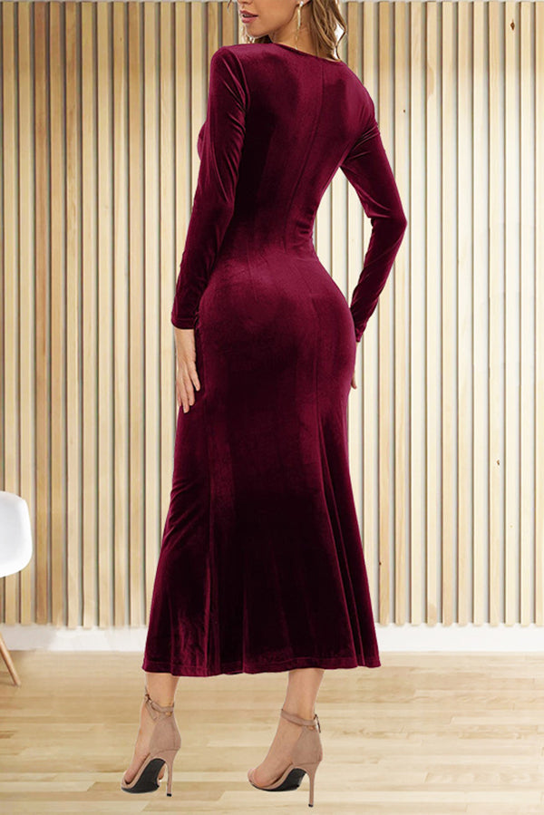 Solid Color Velvet Long Sleeve V-neck Slim Fit Fishtail Maxi Dress