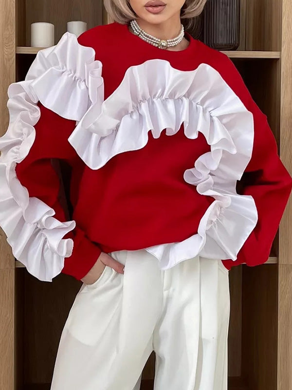 Long Sleeves Loose Contrast Color Ruffle Trim Split-Joint Velvet Round-Neck Sweatshirt Tops