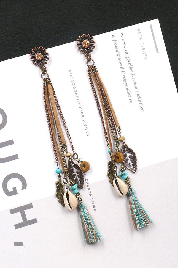 Retro Long Tassel Shell Leaf Earrings