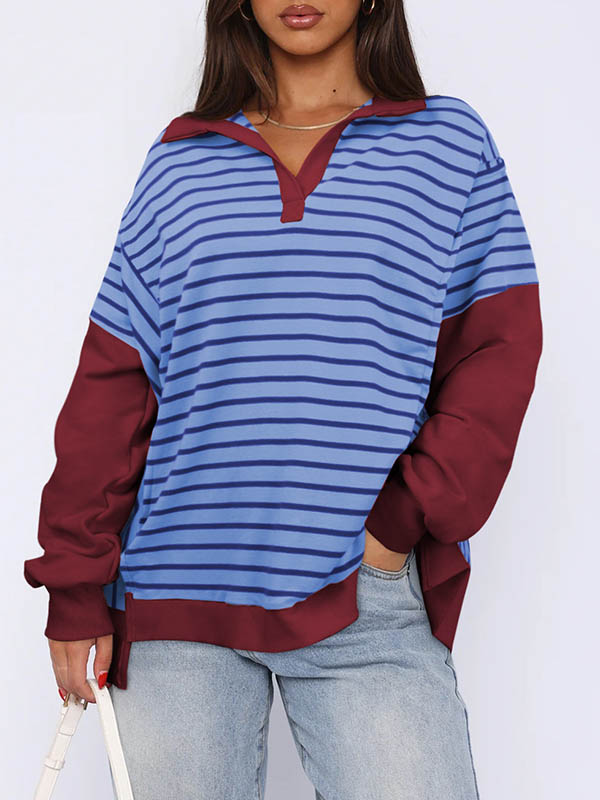 Long Sleeves Loose Contrast Color Split-Joint Striped V-Neck Sweatshirt Tops