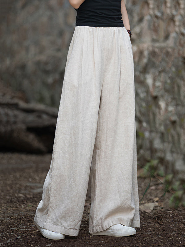 Loose Wide Leg Elasticity Pleated Pockets Solid Color Pants Trousers