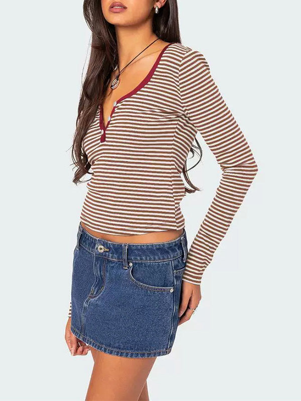 Long Sleeves Skinny Buttoned Contrast Color Striped V-Neck T-Shirts Tops