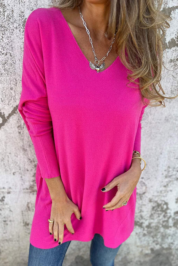 Plain V-neck Loose Long-sleeved Wovented T-shirt