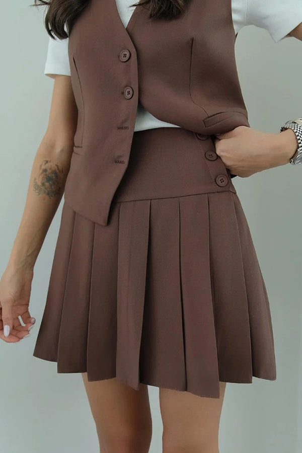 Solid Color Sleeveless Buttoned Vest and High-waisted Pleated Mini Skirt Set