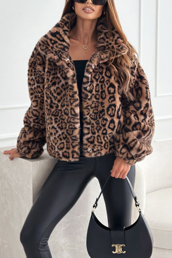 Stylish Leopard Print Lapel Long Sleeve Short Coat