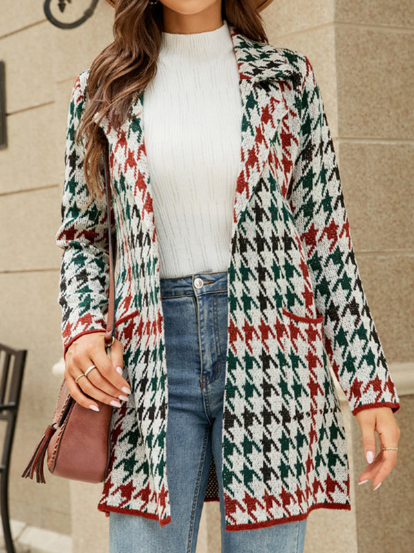 Long Sleeves Contrast Color Houndstooth Pockets Split-Joint Notched Collar Cardigan Tops