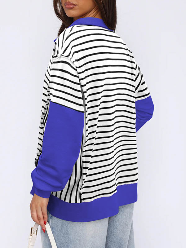 Long Sleeves Loose Contrast Color Split-Joint Striped V-Neck Sweatshirt Tops