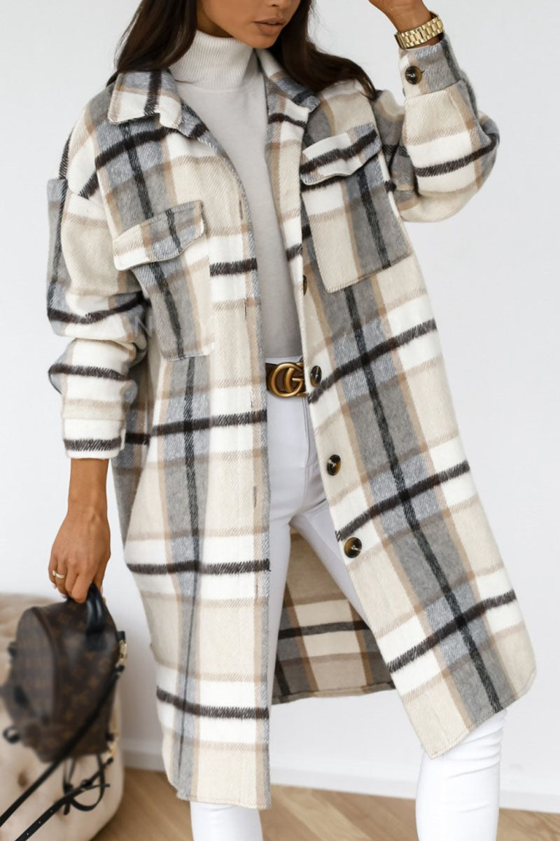 Fashion Street Plaid Patchwork Turndown Collar Outerwear