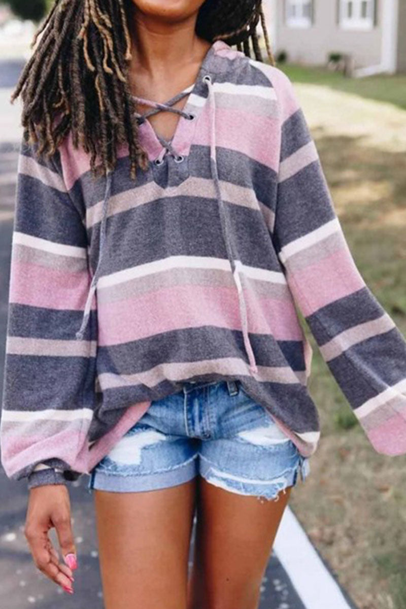 Fashion Casual Striped Patchwork V Neck Tops