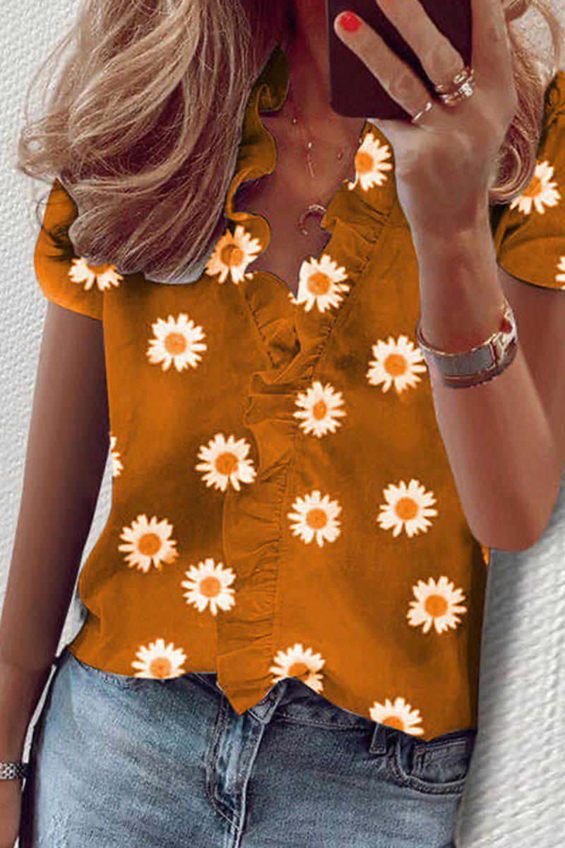 Daily Print Flounce V Neck Blouses (10 Colors)