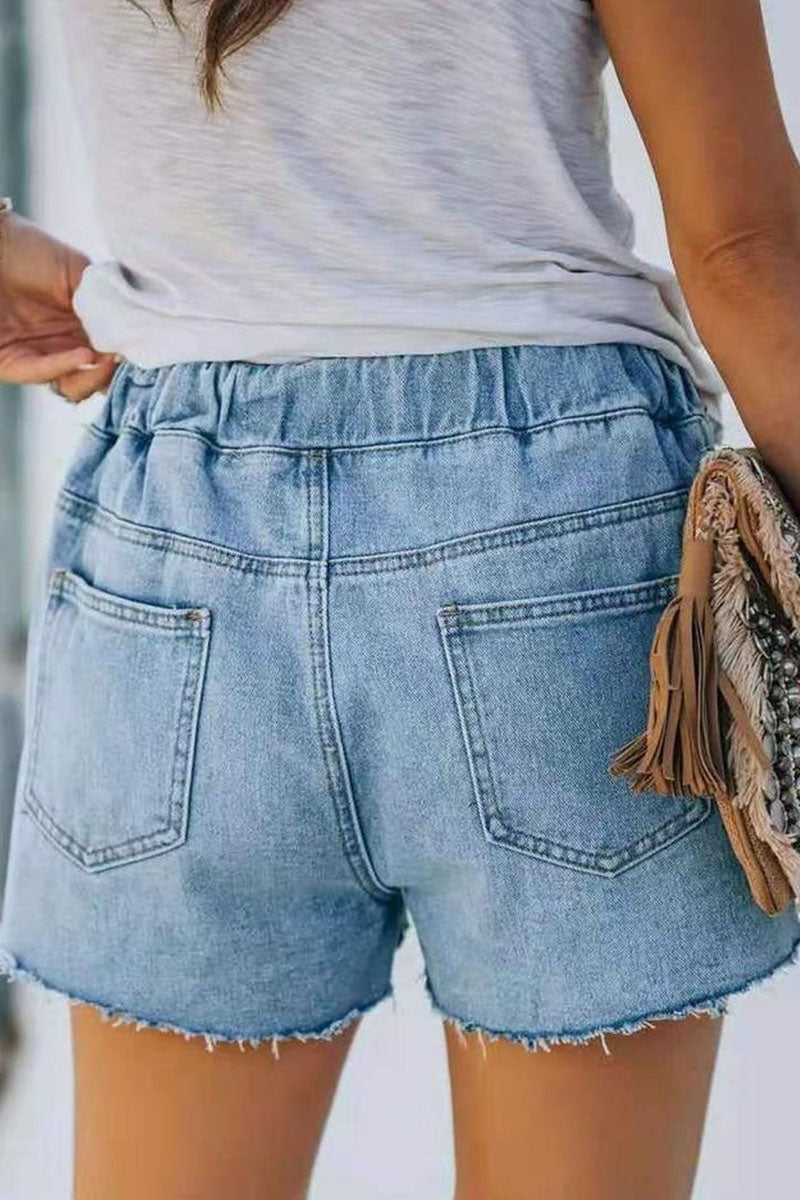 Fashion Street Solid Ripped Mid Waist Straight Denim Shorts