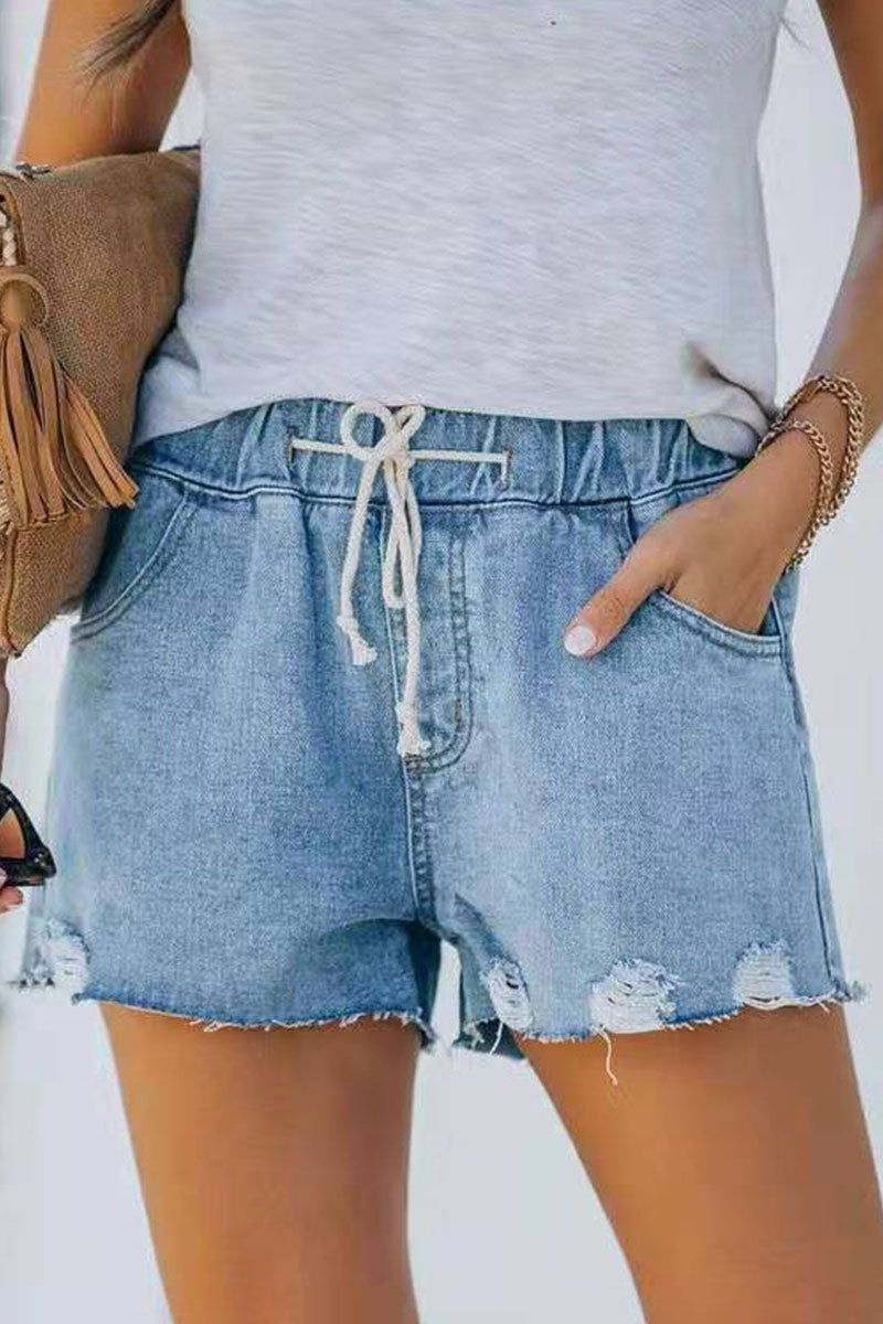 Fashion Street Solid Ripped Mid Waist Straight Denim Shorts