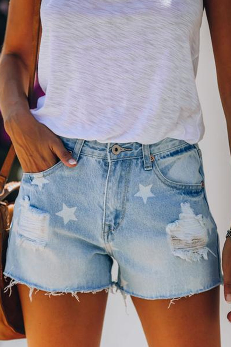 Street Daily Print The stars Tassel Ripped Make Old Regular Denim Shorts