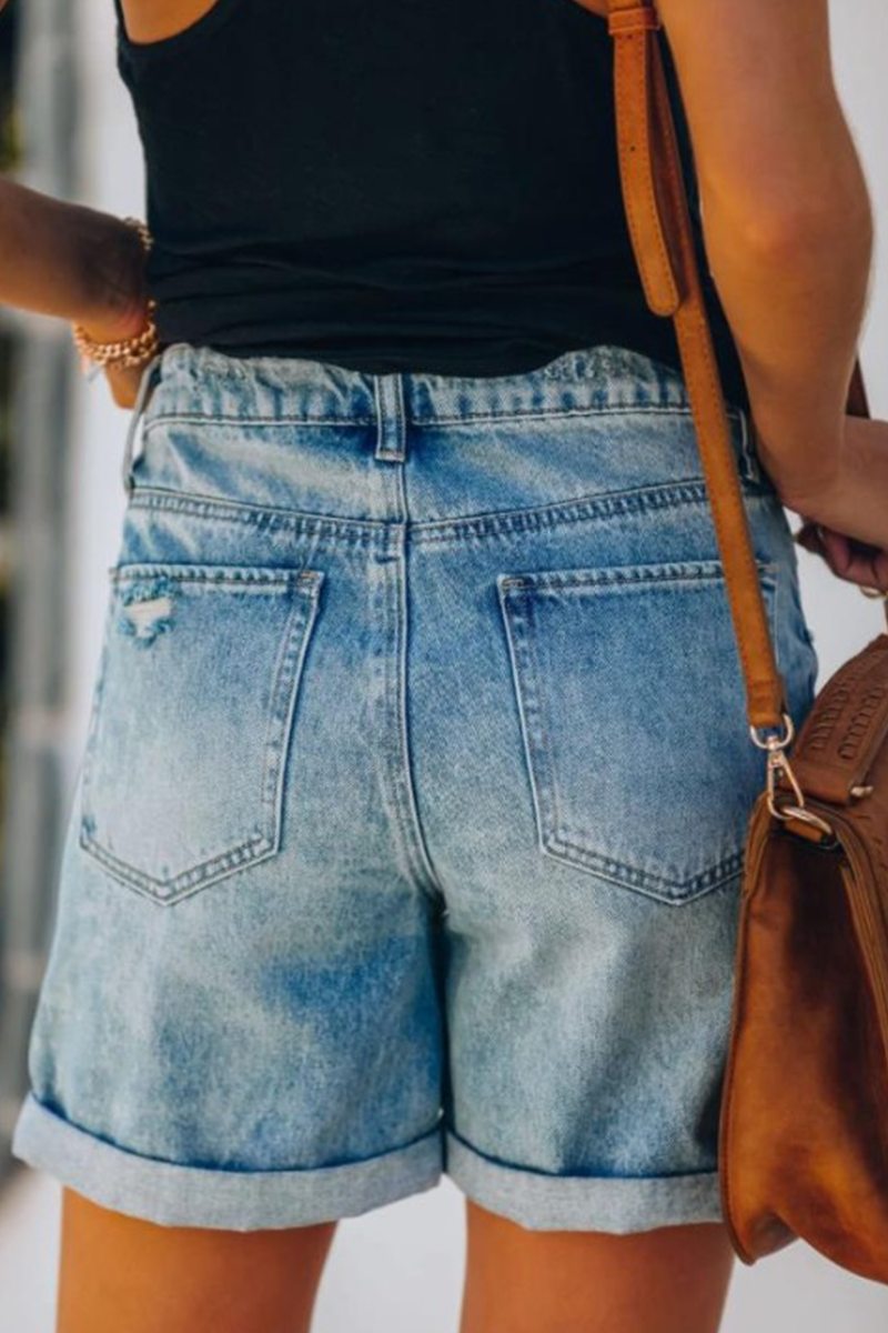 Street Solid Ripped High Waist Denim Shorts