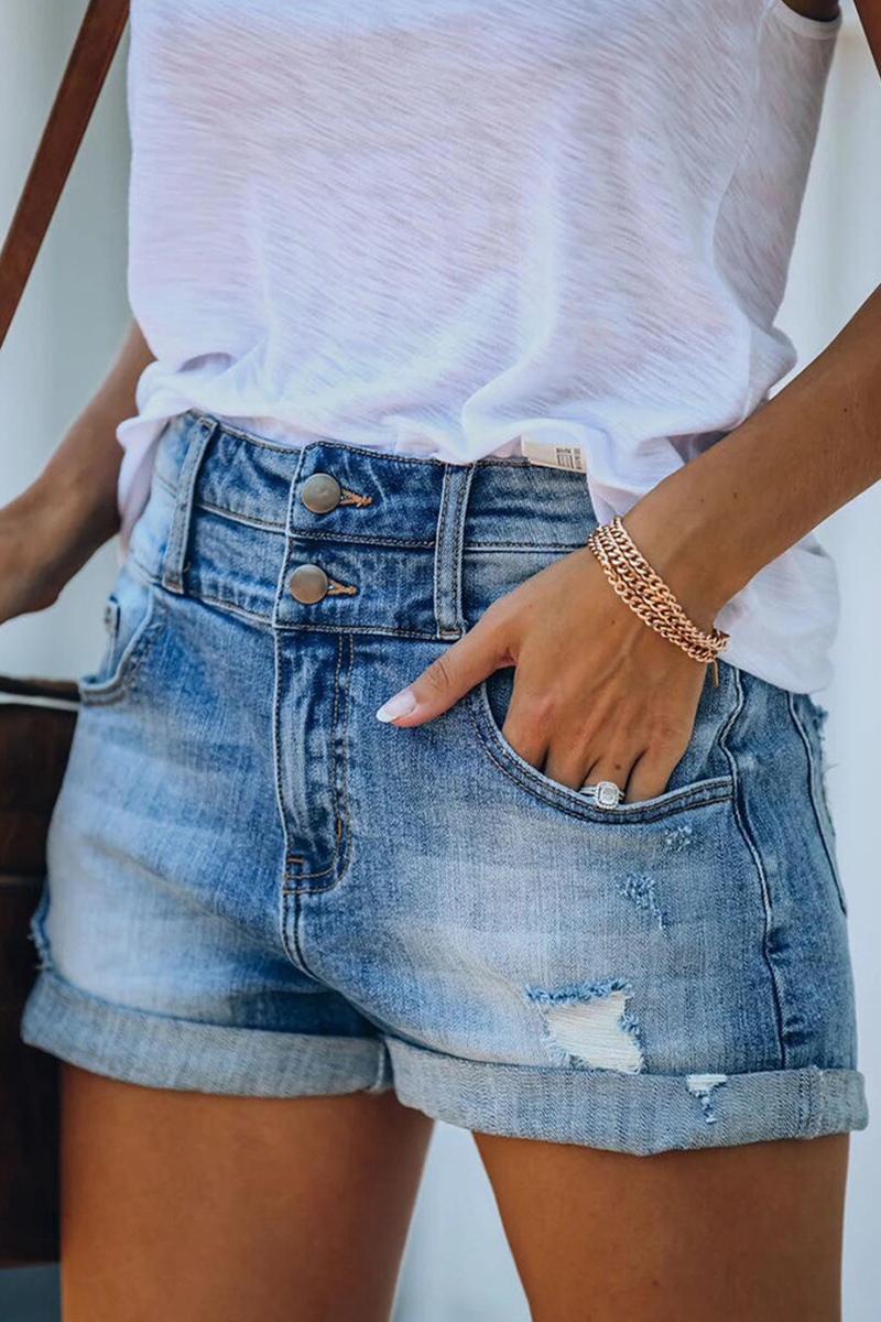 Street Solid Ripped Straight Denim Shorts