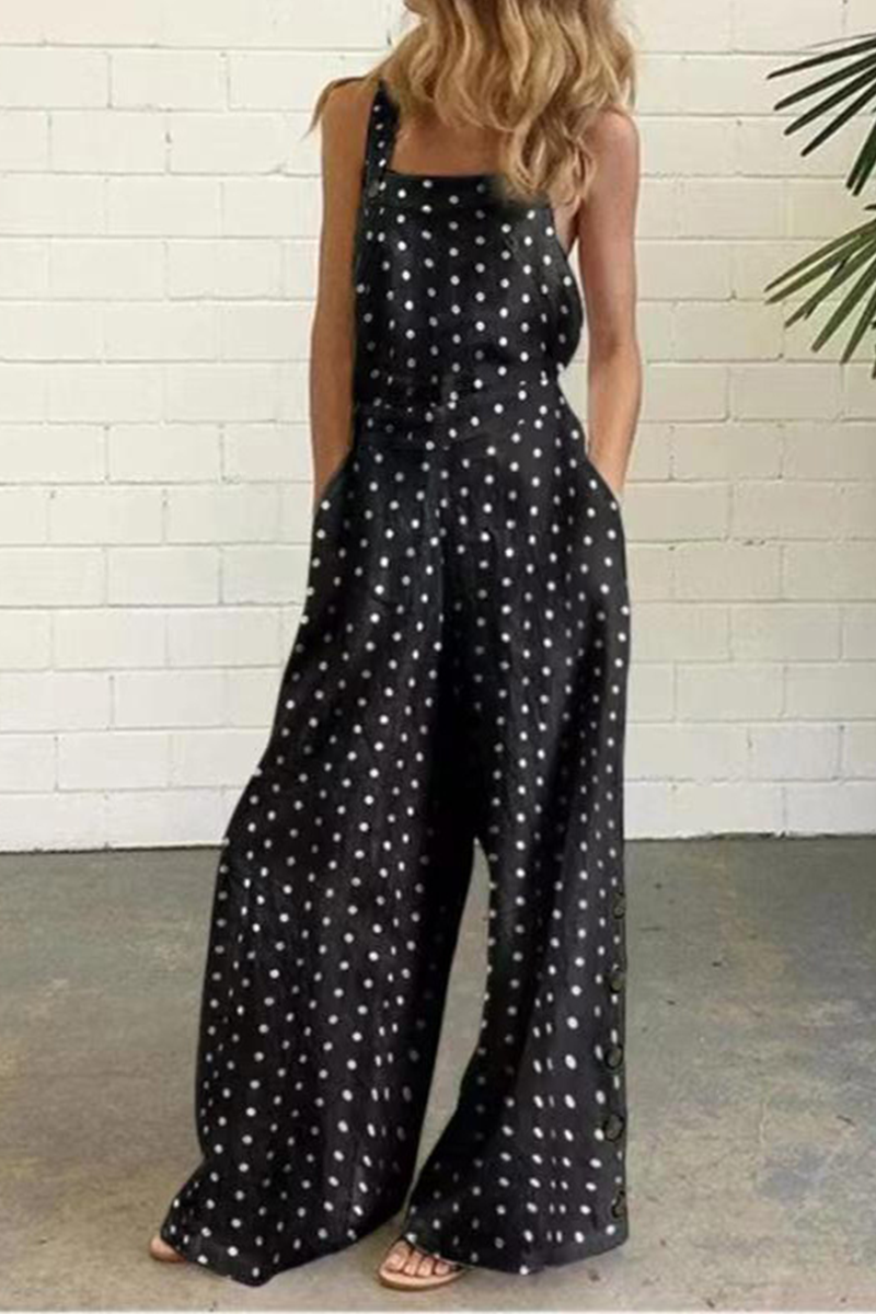 Elegant Dot Print Patchwork Square Collar Straight Jumpsuits