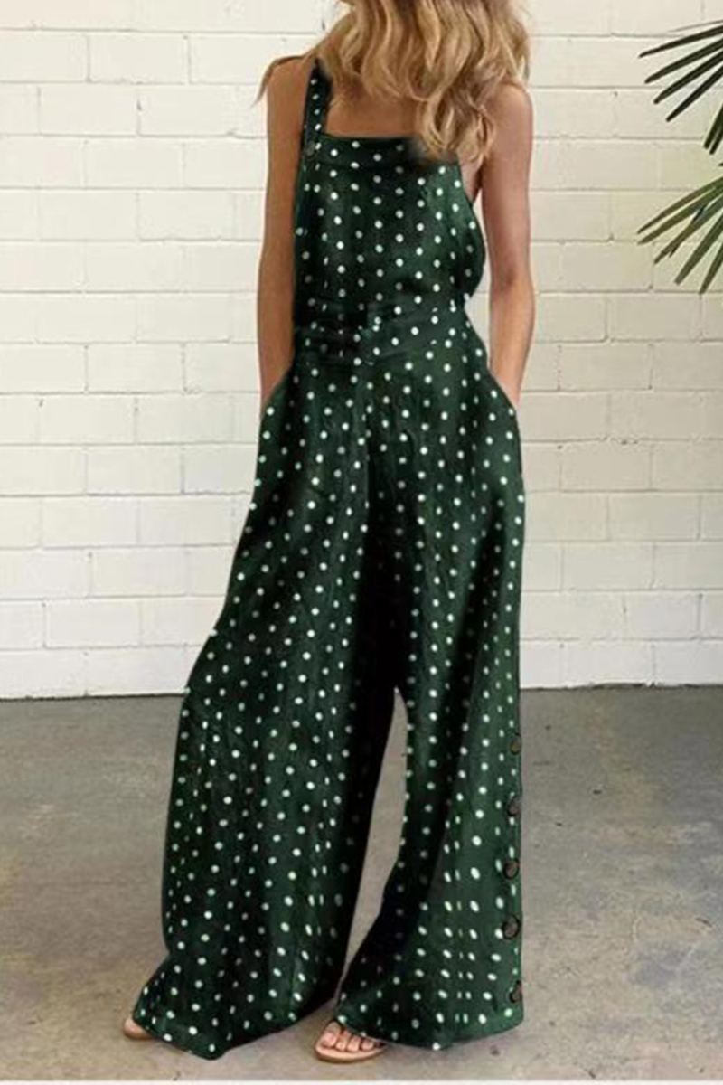 Elegant Dot Print Patchwork Square Collar Straight Jumpsuits