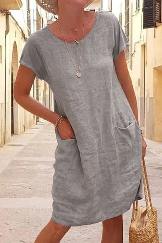 Casual Solid Patchwork Pocket O Neck Short Sleeve Dress Dresses