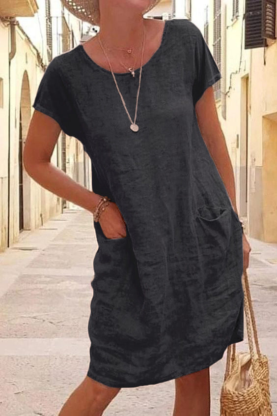 Casual Solid Patchwork Pocket O Neck Short Sleeve Dress Dresses