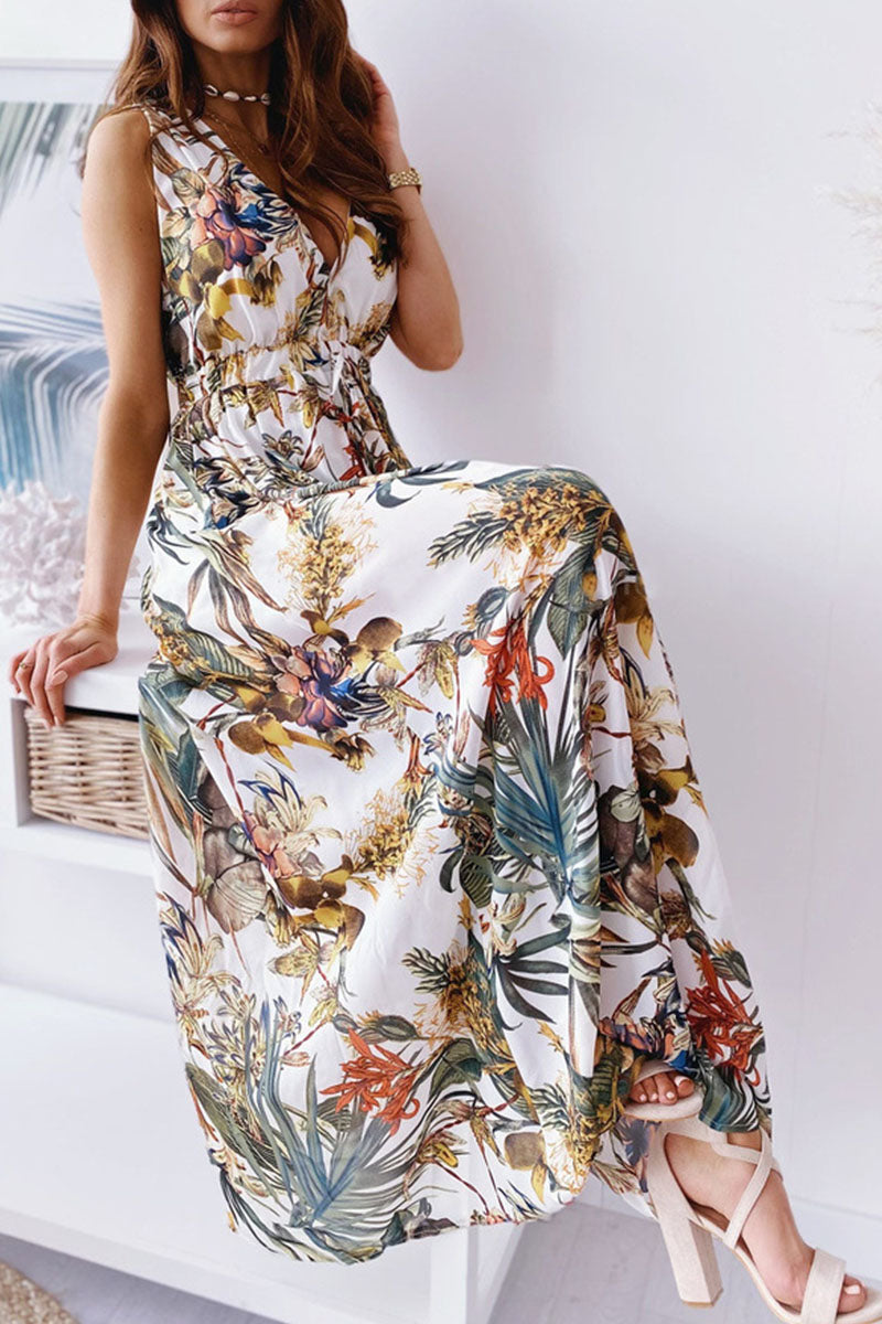 Fashion Sweet Print Patchwork V Neck A Line Dresses(4 Colors)