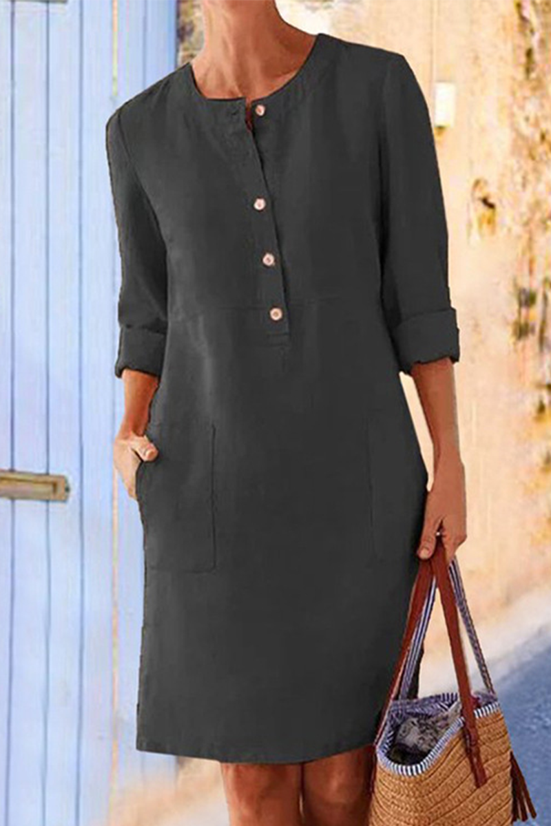 Casual Solid Pocket Buckle O Neck Long Sleeve Dresses(6 Colors)