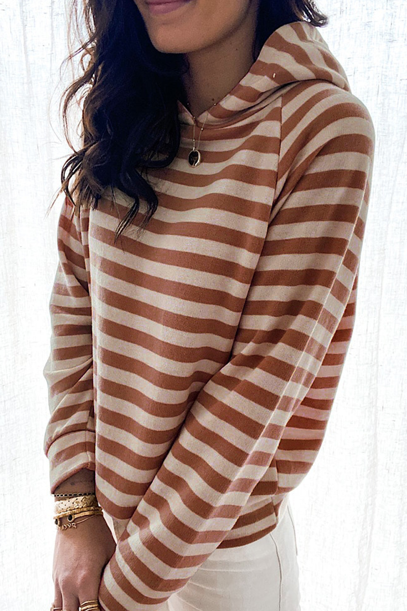 Casual Striped Patchwork Hooded Collar Tops(3 Colors)