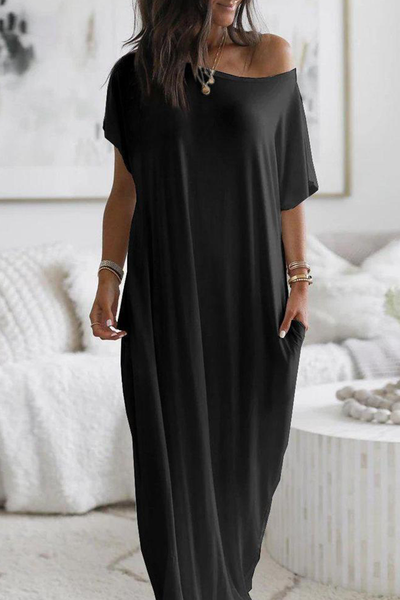 Casual Solid Pocket Slit O Neck Dresses