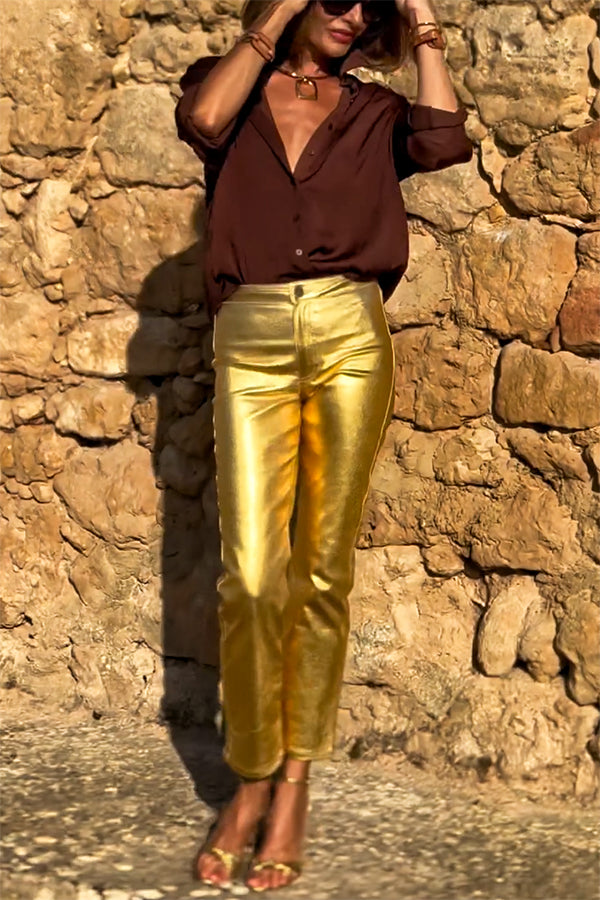 Golden Years Metallic Fabric Mid-Rise Pocketed Stretch Pants