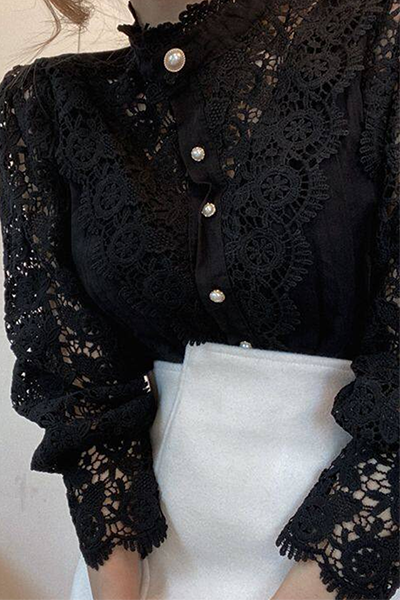 Elegant Patchwork Lace Hollowed Out Buckle Mandarin Collar Tops(3 Colors)