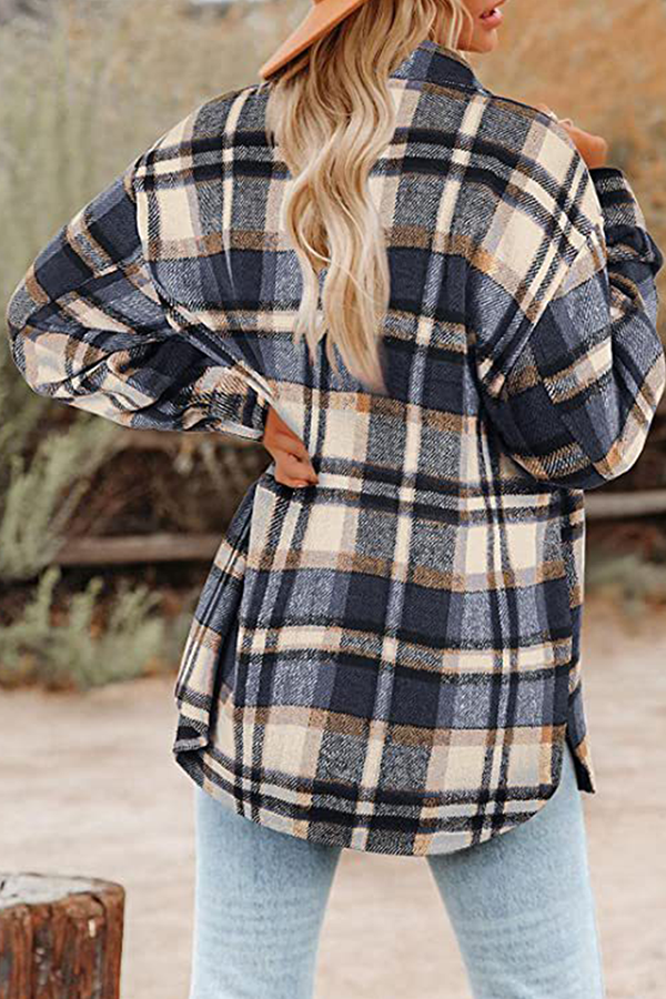 Casual Plaid Pocket Buckle Turndown Collar Outerwear