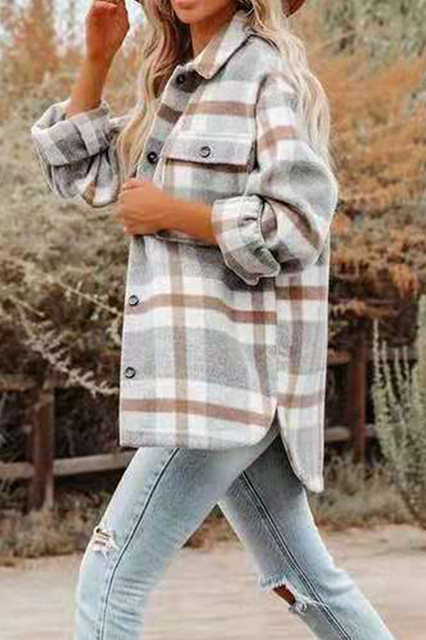 Casual Plaid Pocket Buckle Turndown Collar Outerwear