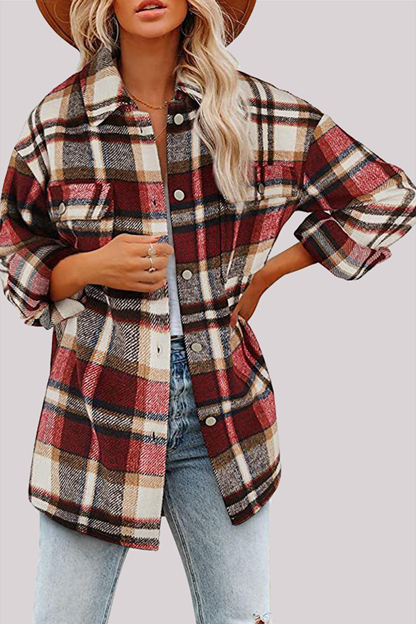 Casual Plaid Pocket Buckle Turndown Collar Outerwear