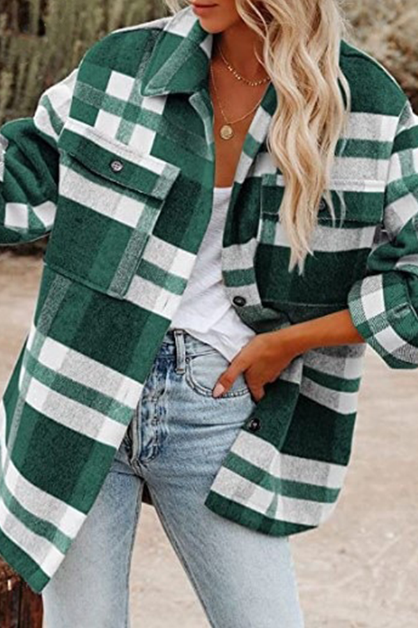 Casual Plaid Pocket Buckle Turndown Collar Outerwear