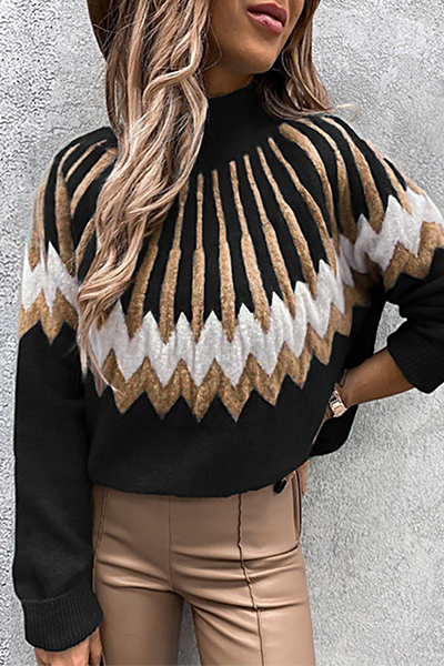 Casual Geometric Patchwork Contrast Turtleneck Tops