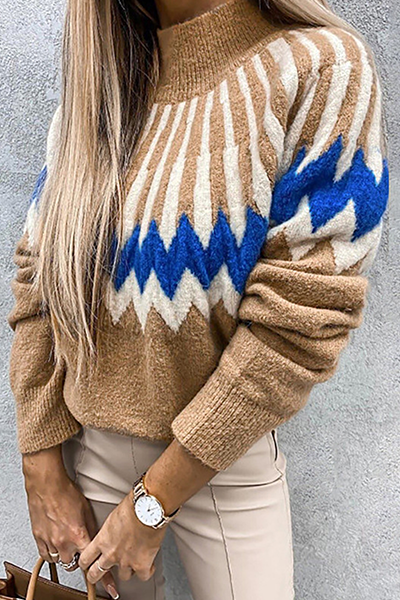 Casual Geometric Patchwork Contrast Turtleneck Tops