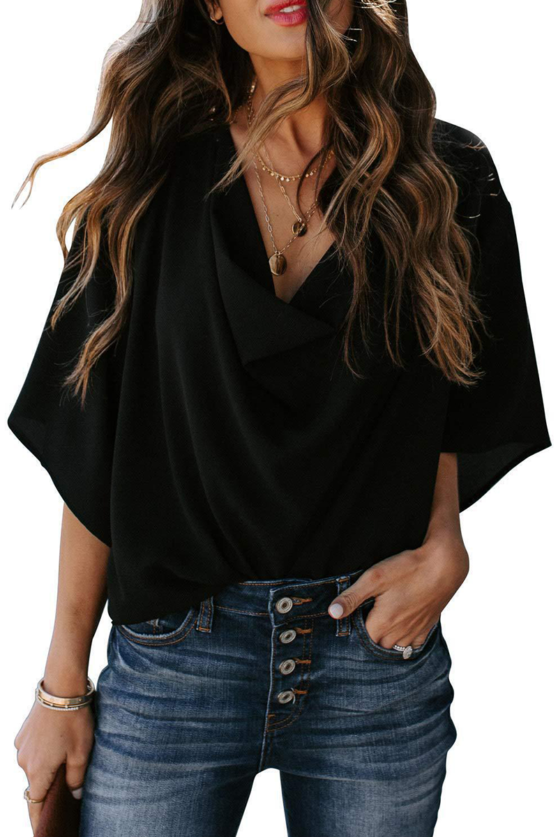 Casual Solid Flounce V Neck T-Shirts