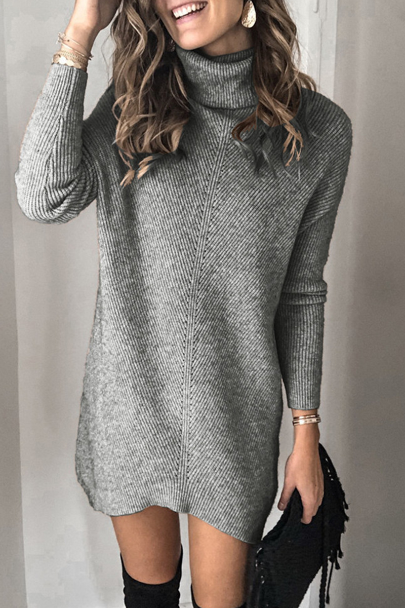 Casual Solid Patchwork Turtleneck Straight Dresses