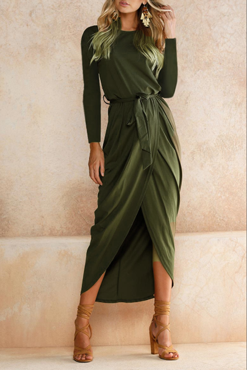 Casual Solid Split Joint O Neck Straight Dresses