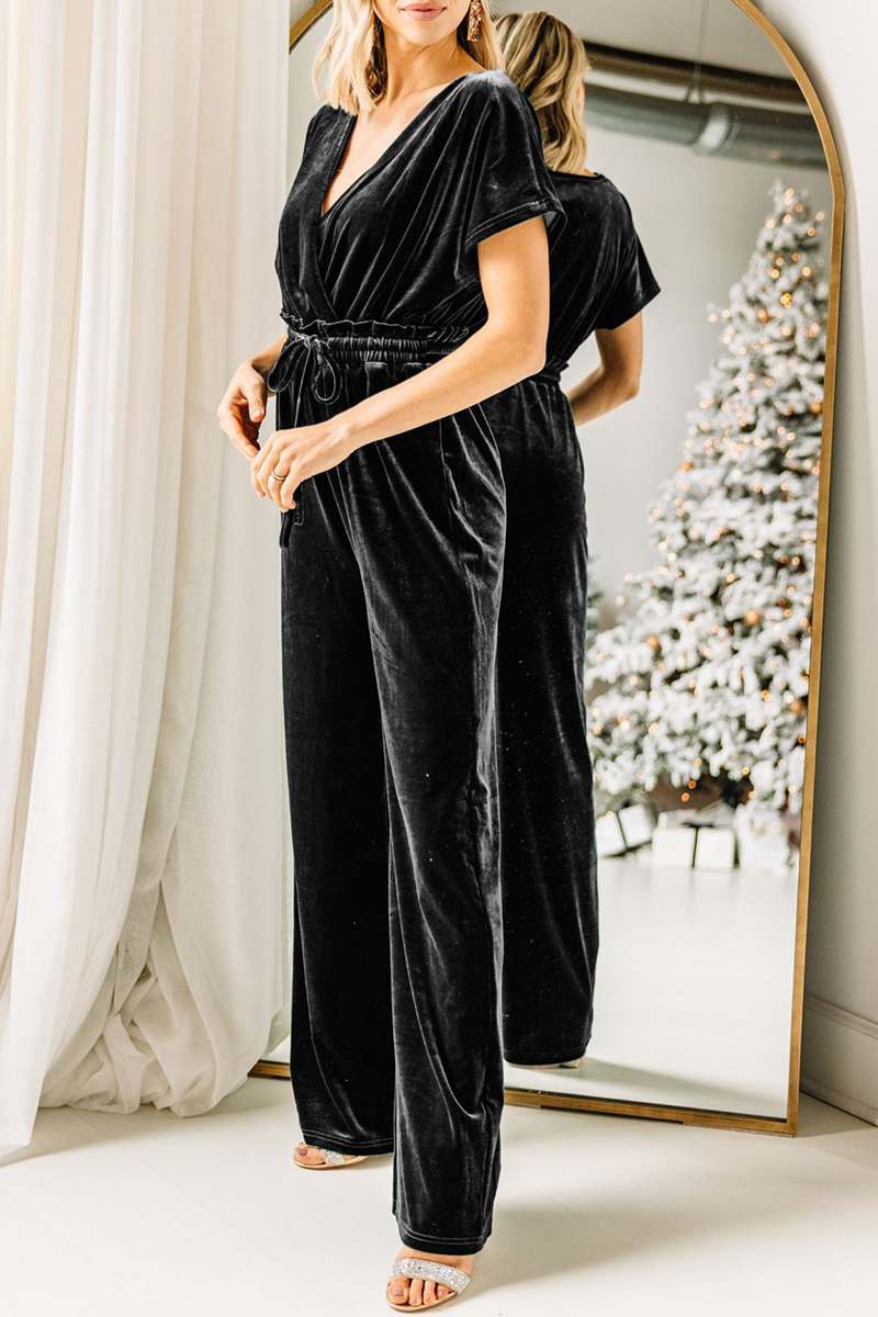 Casual Solid Split Joint V Neck Straight Jumpsuits